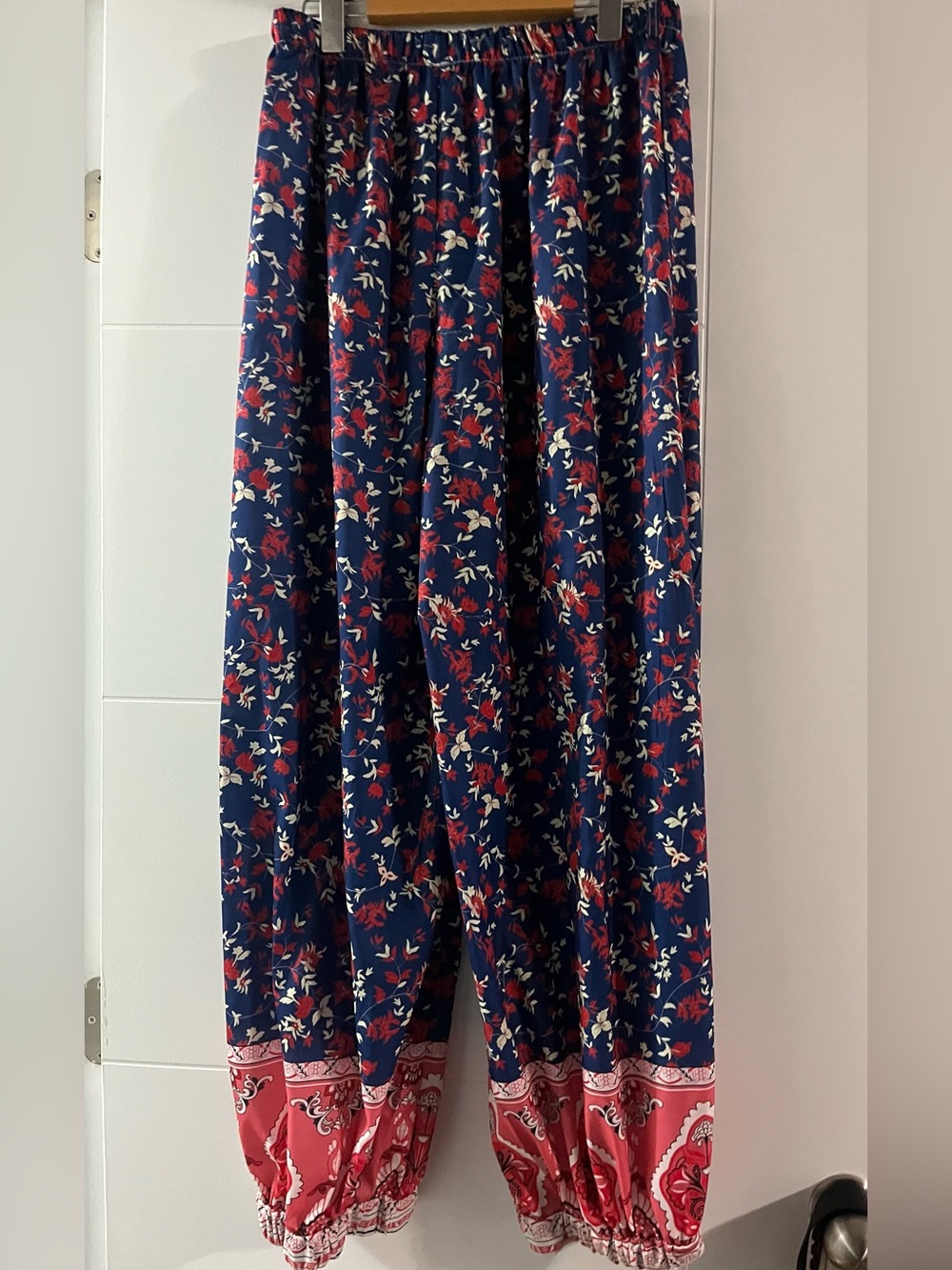 Navy Floral Boho Harem Pants with Red Border